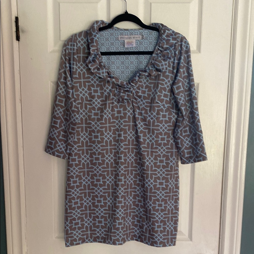 Gretchen Scott Designs Blue and White Relaxed Ruffled Tunic